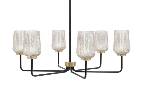 The Sandia 6-Light Chandelier combines industrial design with modern sophistication through its matte black and brass finish. The silver textured glass shades create a shimmering, reflective glow that elevates any space.