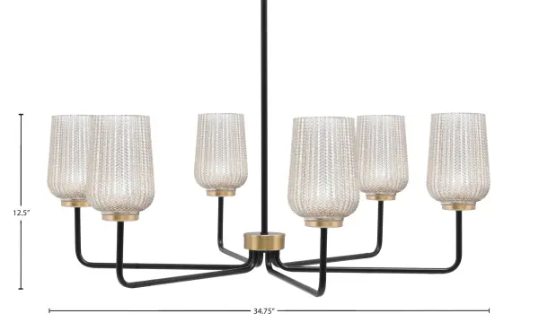 The Sandia 6-Light Chandelier combines industrial design with modern sophistication through its matte black and brass finish. The silver textured glass shades create a shimmering, reflective glow that elevates any space. - alternate view