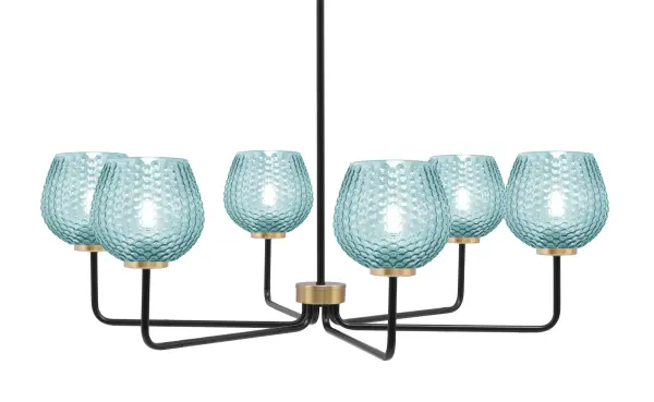 The Sandia 6-Light Chandelier makes a striking statement with its dynamic two-tone finish and vibrant turquoise textured glass shades. The 36-inch width provides substantial presence while the adjustable hanging height offers versatility.