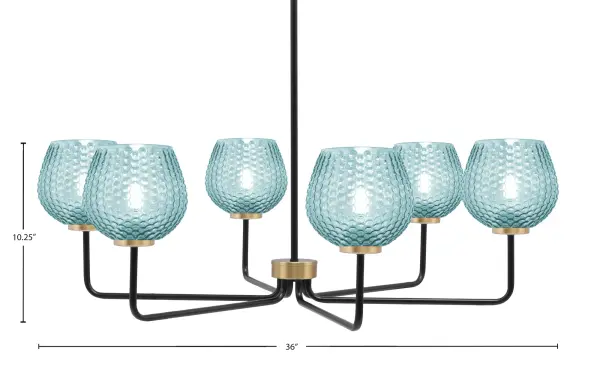 The Sandia 6-Light Chandelier makes a striking statement with its dynamic two-tone finish and vibrant turquoise textured glass shades. The 36-inch width provides substantial presence while the adjustable hanging height offers versatility. - alternate view