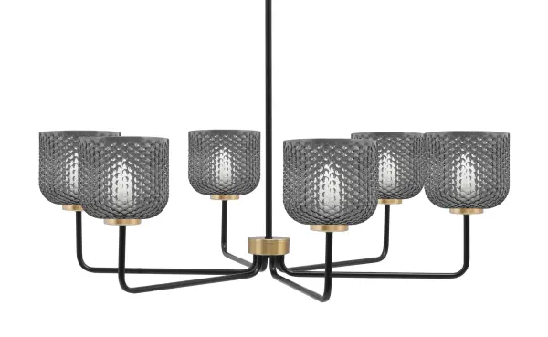 The Sandia 6-Light Chandelier combines matte black and new age brass finishes with smoke textured glass shades for a striking industrial-modern aesthetic. At 36 inches wide, it's perfectly sized for large dining tables and kitchen islands.