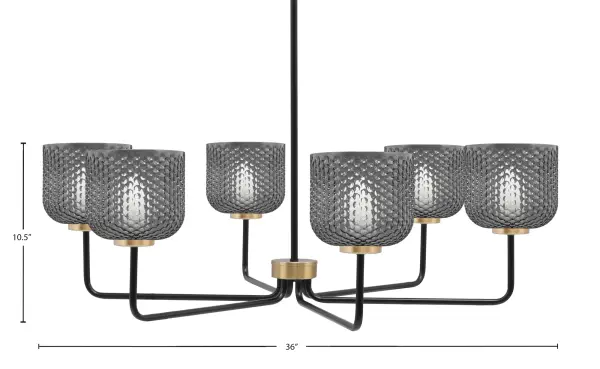 The Sandia 6-Light Chandelier combines matte black and new age brass finishes with smoke textured glass shades for a striking industrial-modern aesthetic. At 36 inches wide, it's perfectly sized for large dining tables and kitchen islands. - alternate view
