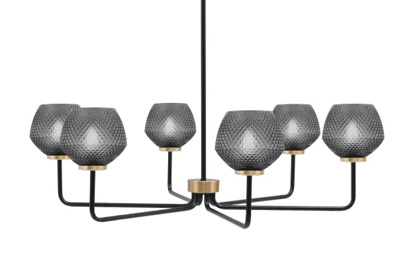 The Sandia 6-Light Chandelier makes a dramatic statement with its mixed metal finish and textured smoke glass shades. The 36-inch width provides substantial presence while the adjustable hanging height offers installation flexibility.