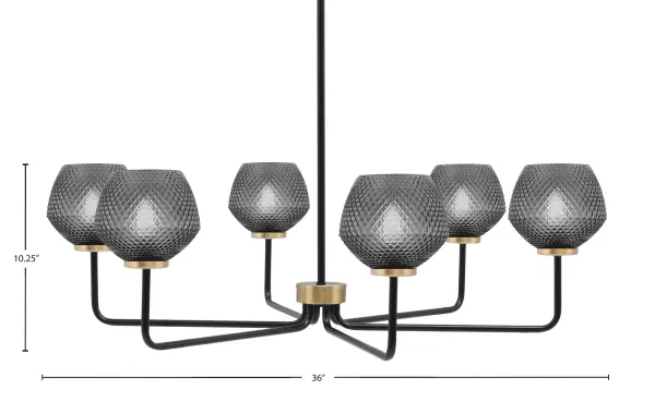 The Sandia 6-Light Chandelier makes a dramatic statement with its mixed metal finish and textured smoke glass shades. The 36-inch width provides substantial presence while the adjustable hanging height offers installation flexibility. - alternate view