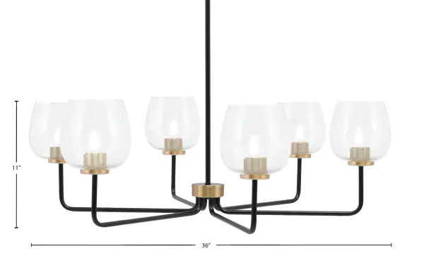 The Sandia 6-Light Chandelier combines contemporary industrial style with sophisticated bubble-textured glass. The matte black and brass finish pairing creates visual interest while the 36-inch width makes it perfect for medium to large spaces. - alternate view