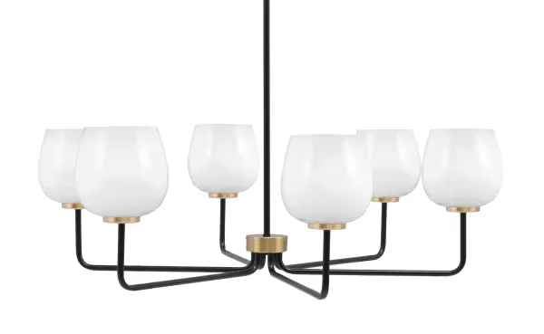 The Sandia 6-Light Chandelier combines contemporary design with timeless elegance through its striking matte black and new age brass finish. White marble glass shades provide refined luxury and soft illumination, perfect for modern dining spaces.