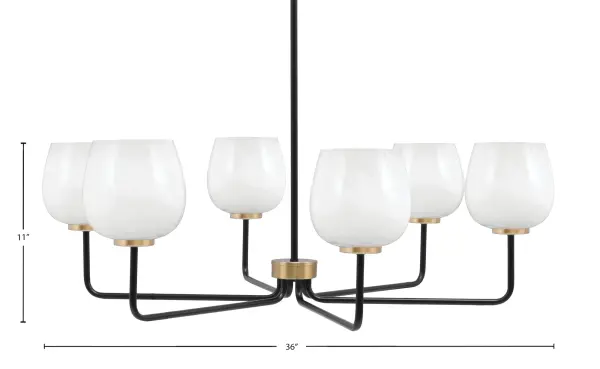 The Sandia 6-Light Chandelier combines contemporary design with timeless elegance through its striking matte black and new age brass finish. White marble glass shades provide refined luxury and soft illumination, perfect for modern dining spaces. - alternate view