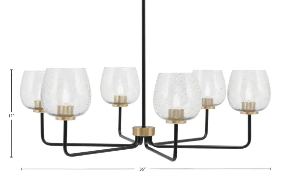 The Sandia 6-Light Chandelier combines matte black and new age brass finishes with distinctive smoke bubble glass shades for a sophisticated industrial aesthetic. At 36 inches wide, it's perfectly sized for dining rooms and kitchen islands. - alternate view