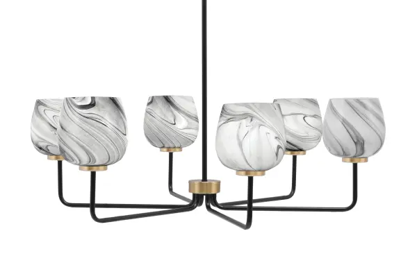 The Sandia 6-Light Chandelier combines matte black and new age brass finishes with stunning onyx swirl glass shades. Its 36-inch width makes it perfect for dining rooms and kitchen islands, while adjustable hanging height accommodates various ceiling configurations.