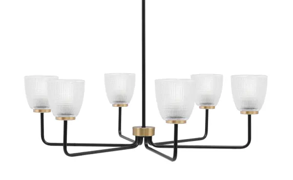 The Sandia 6-Light Chandelier combines matte black and new age brass finishes for a striking transitional aesthetic. Clear ribbed glass shades add vintage charm while providing excellent light distribution across 34.75 inches.