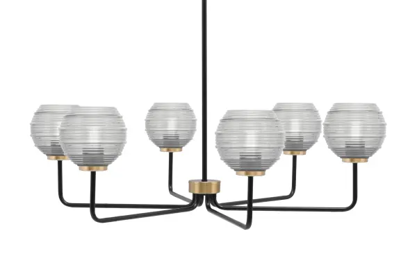 The Sandia 6-Light Chandelier combines matte black and new age brass finishes for refined industrial style. Clear ribbed glass shades create dimensional light patterns while the 36-inch width makes it perfect for dining tables and kitchen islands.