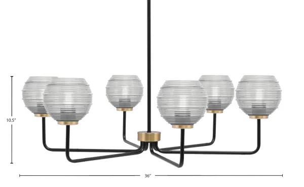 The Sandia 6-Light Chandelier combines matte black and new age brass finishes for refined industrial style. Clear ribbed glass shades create dimensional light patterns while the 36-inch width makes it perfect for dining tables and kitchen islands. - alternate view