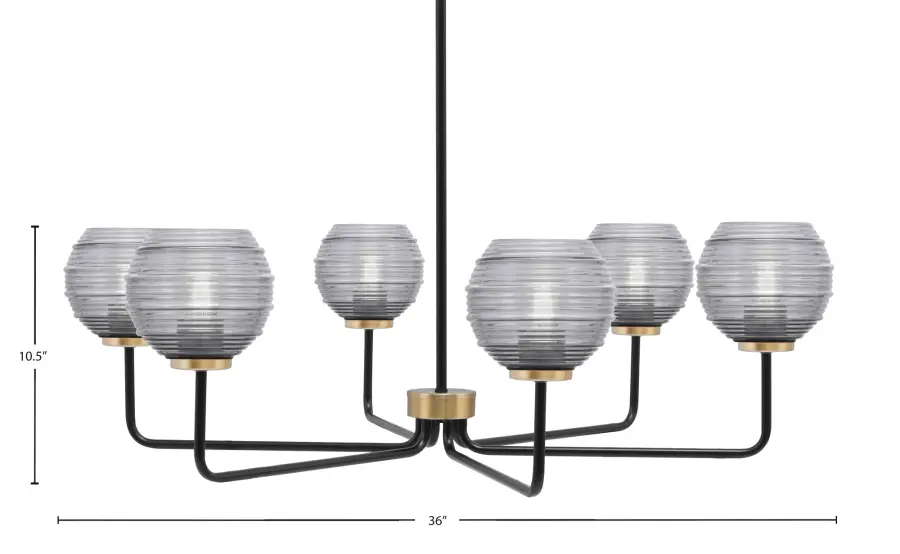Sandia 6-Light Chandelier in Matte Black & New Age Brass with Smoke Ribbed Glass - Image 2