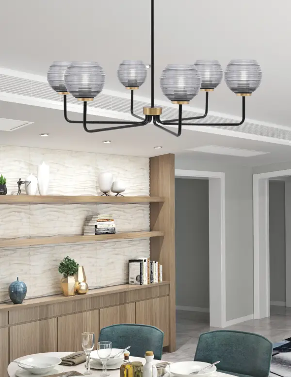 Sandia 6-Light Chandelier in Matte Black & New Age Brass with Smoke Ribbed Glass - Image 3