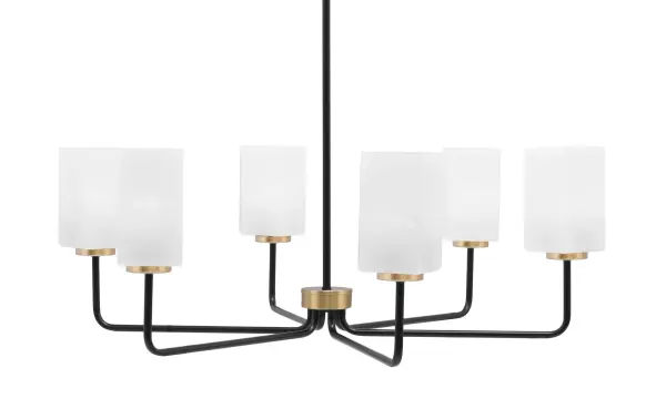 The Sandia 6-Light Chandelier combines matte black and new age brass finishes for a striking transitional aesthetic. Six square white marble glass shades provide elegant diffused lighting, while adjustable hanging height accommodates various ceiling configurations.
