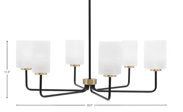The Sandia 6-Light Chandelier combines matte black and new age brass finishes for a striking transitional aesthetic. Six square white marble glass shades provide elegant diffused lighting, while adjustable hanging height accommodates various ceiling configurations. - alternate view