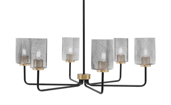 The Sandia 6 Light Chandelier combines industrial style with modern sophistication through its two-tone matte black and new age brass finish. The unique 3.5-inch square smoke bubble glass shades create textured visual interest while softening light for a warm, inviting ambiance.