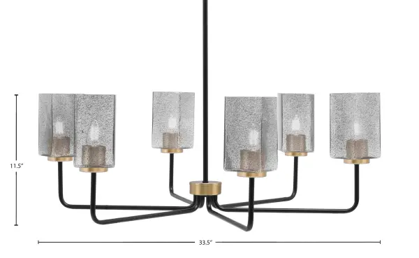 The Sandia 6 Light Chandelier combines industrial style with modern sophistication through its two-tone matte black and new age brass finish. The unique 3.5-inch square smoke bubble glass shades create textured visual interest while softening light for a warm, inviting ambiance. - alternate view
