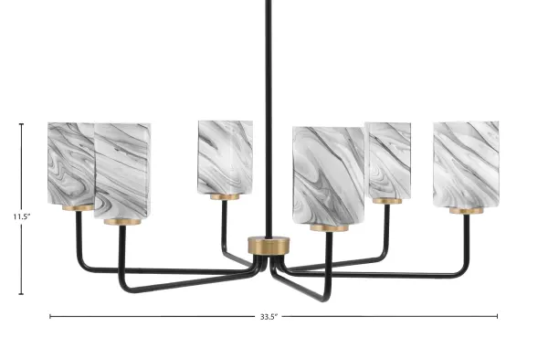 The Sandia 6 Light Chandelier makes a dramatic statement with its matte black and new age brass finish paired with distinctive onyx swirl glass shades. At 33.5 inches wide, it's perfectly sized for dining rooms and kitchen islands. - alternate view