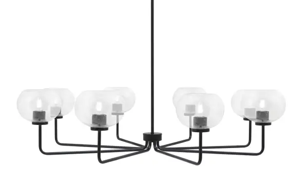 The Sandia 8-Light Chandelier combines modern industrial design with functional elegance. Its 44.75-inch width and matte black finish create a commanding presence, while clear bubble glass shades add visual interest and gentle light diffusion.