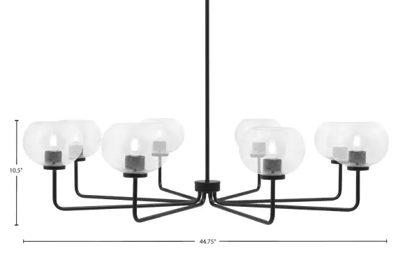 The Sandia 8-Light Chandelier combines modern industrial design with functional elegance. Its 44.75-inch width and matte black finish create a commanding presence, while clear bubble glass shades add visual interest and gentle light diffusion. - alternate view