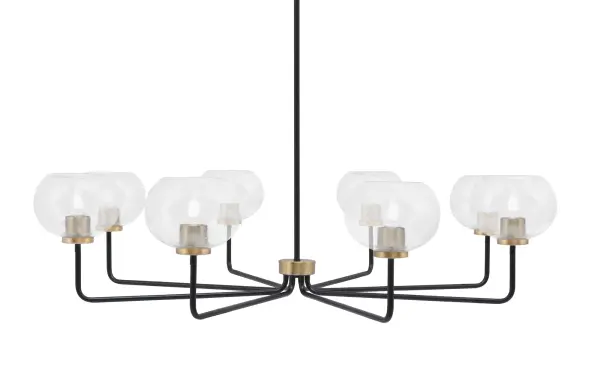 The Sandia 8-Light Chandelier combines industrial charm with modern sophistication through its matte black and brass finish. Eight bubble glass shades create beautiful light diffusion while the 44.75-inch width makes a bold statement.