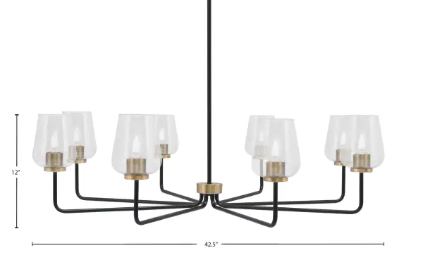The Sandia 8-Light Chandelier makes a dramatic statement with its 42.5" span and distinctive matte black and brass finish. Clear bubble glass shades create beautiful light diffusion while the mixed metal aesthetic adds modern sophistication. - alternate view