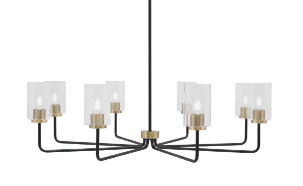 The Sandia 8-Light Chandelier makes a dramatic statement with its 41.5" width and distinctive matte black and new age brass finish. Clear bubble glass shades create beautiful light diffusion while the adjustable height accommodates various ceiling configurations.