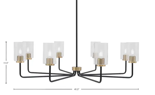 The Sandia 8-Light Chandelier makes a dramatic statement with its 41.5" width and distinctive matte black and new age brass finish. Clear bubble glass shades create beautiful light diffusion while the adjustable height accommodates various ceiling configurations. - alternate view