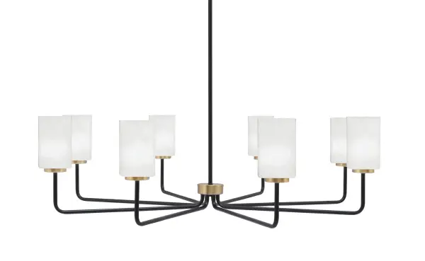 The Sandia chandelier combines contemporary style with versatile functionality. Its two-tone matte black and brass finish creates visual interest, while white marble glass shades provide soft, inviting illumination perfect for large spaces.