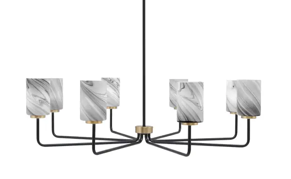 The Sandia 8-Light Chandelier makes a dramatic statement with its 41.5" width and sophisticated matte black and brass finish combination. The unique onyx swirl glass shades create warm, diffused lighting perfect for large gathering spaces.