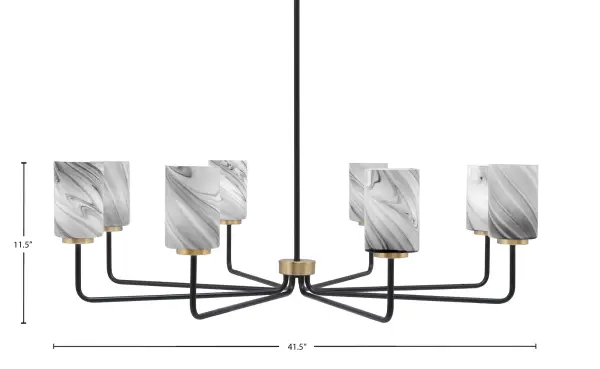 The Sandia 8-Light Chandelier makes a dramatic statement with its 41.5" width and sophisticated matte black and brass finish combination. The unique onyx swirl glass shades create warm, diffused lighting perfect for large gathering spaces. - alternate view