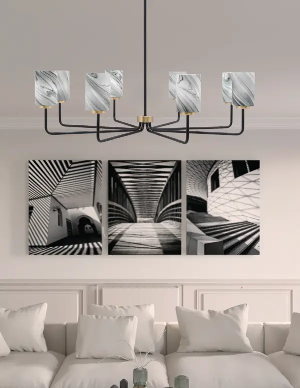 Sandia 8 Light Chandelier in Matte Black & New Age Brass with Onyx Swirl Glass - Image 3