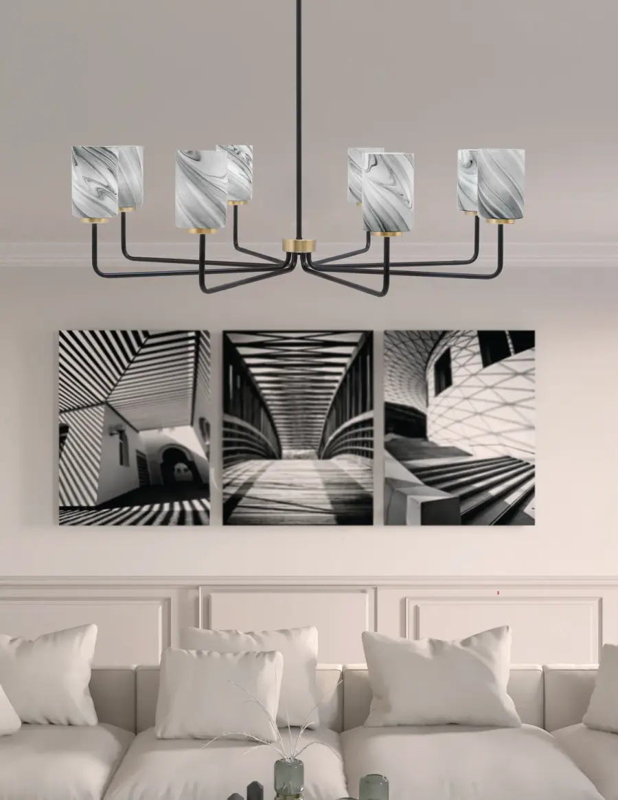 Sandia 8 Light Chandelier in Matte Black & New Age Brass with Onyx Swirl Glass - Image 3