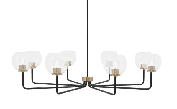 The Sandia 8 Light Chandelier combines contemporary design with industrial flair, featuring a dramatic 43.5-inch span perfect for large dining tables and kitchen islands. The matte black and new age brass two-tone finish creates visual interest, while clear bubble glass shades add texture and dimension to any space.