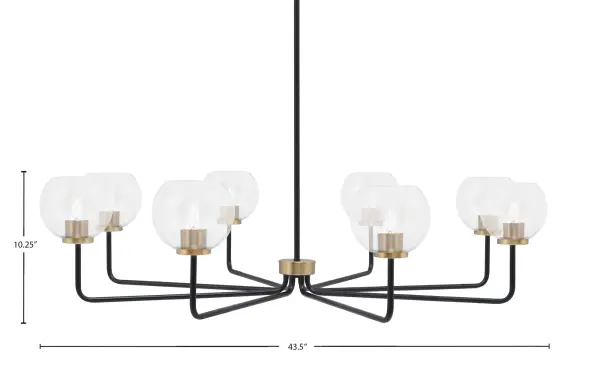 The Sandia 8 Light Chandelier combines contemporary design with industrial flair, featuring a dramatic 43.5-inch span perfect for large dining tables and kitchen islands. The matte black and new age brass two-tone finish creates visual interest, while clear bubble glass shades add texture and dimension to any space. - alternate view