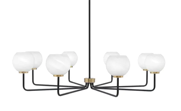 The Sandia 8-Light Chandelier combines contemporary design with timeless elegance. Its 43.5-inch span and matte black with brass accents create a striking focal point, while white marble glass shades provide refined, diffused illumination.