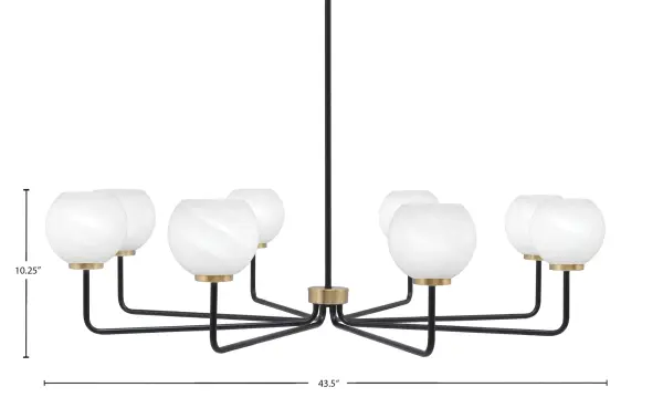 The Sandia 8-Light Chandelier combines contemporary design with timeless elegance. Its 43.5-inch span and matte black with brass accents create a striking focal point, while white marble glass shades provide refined, diffused illumination. - alternate view