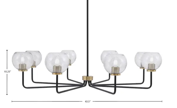 The Sandia 8-Light Chandelier combines industrial charm with modern luxury through its striking two-tone finish and unique smoke bubble glass shades. At 43.5 inches wide, it makes a commanding statement over large dining tables and kitchen islands. - alternate view