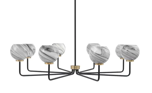 The Sandia 8-Light Chandelier makes a dramatic statement with its 43.5-inch span and sophisticated matte black and brass finish combination. Eight onyx swirl glass shades create warm, diffused light perfect for dining and entertaining spaces.