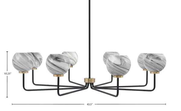 The Sandia 8-Light Chandelier makes a dramatic statement with its 43.5-inch span and sophisticated matte black and brass finish combination. Eight onyx swirl glass shades create warm, diffused light perfect for dining and entertaining spaces. - alternate view