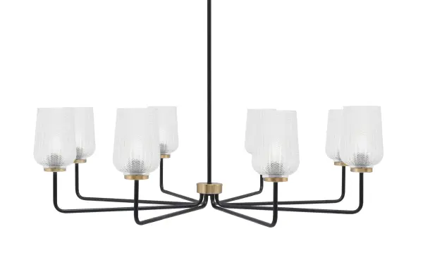 The Sandia 8-light chandelier combines matte black and new age brass finishes for a striking contemporary look. Its 42.5-inch width and textured glass shades create beautiful light patterns, perfect for large dining rooms and entryways.