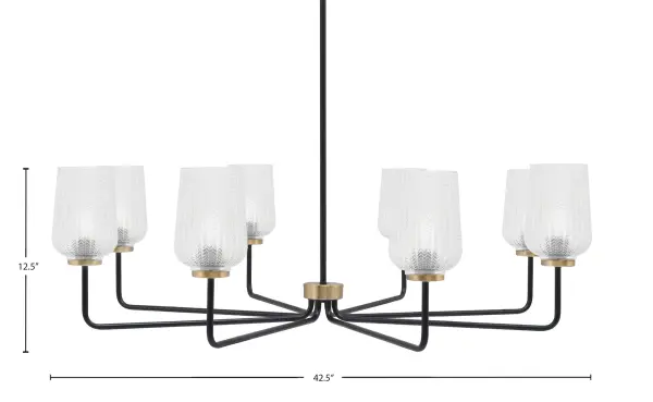The Sandia 8-light chandelier combines matte black and new age brass finishes for a striking contemporary look. Its 42.5-inch width and textured glass shades create beautiful light patterns, perfect for large dining rooms and entryways. - alternate view