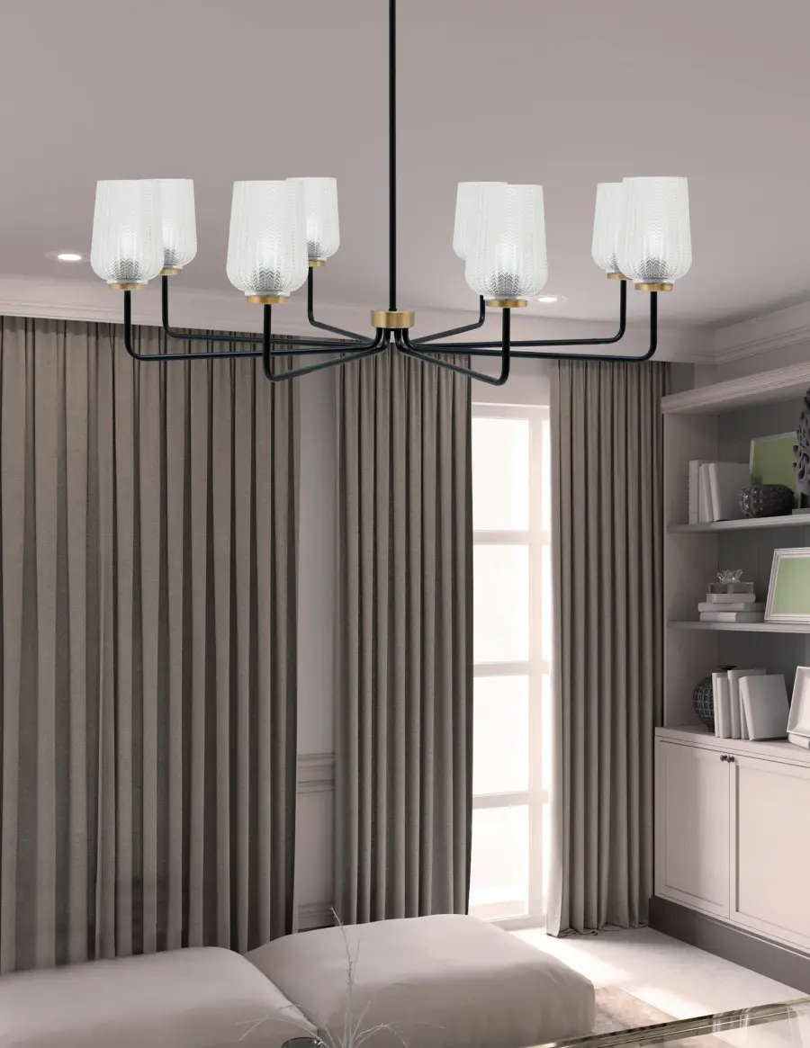 Sandia 8 Light Chandelier in Matte Black & New Age Brass with Clear Textured Glass - Image 3