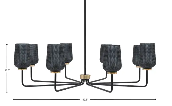 The Sandia 8-light chandelier makes a striking statement with its matte black and brass finish combination. At 42.5 inches wide, it provides substantial presence and ample illumination for large spaces while the smoke textured glass adds warmth. - alternate view