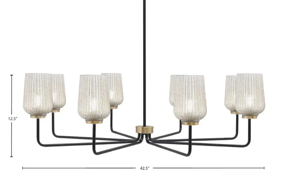 The Sandia 8-Light Chandelier combines matte black and new age brass finishes with silver textured glass shades for a refined, contemporary aesthetic. At 42.5 inches wide, it makes a striking statement in dining rooms and entryways. - alternate view