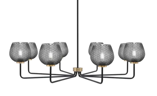 The Sandia 8-Light Chandelier makes a dramatic statement with its 43.5-inch span and sophisticated matte black and brass finish. Eight smoke textured glass shades create beautiful ambient lighting while the adjustable hanging height accommodates various ceiling configurations.