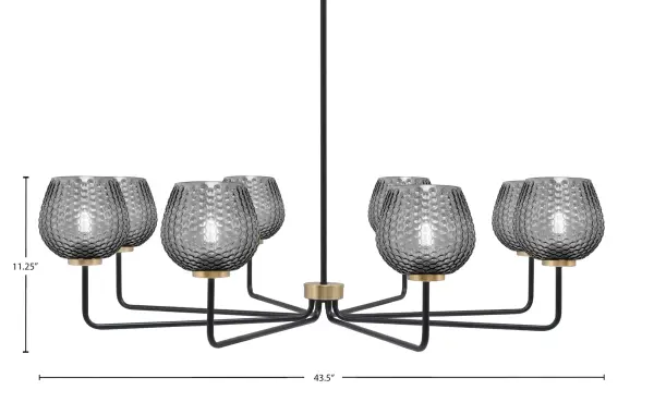 The Sandia 8-Light Chandelier makes a dramatic statement with its 43.5-inch span and sophisticated matte black and brass finish. Eight smoke textured glass shades create beautiful ambient lighting while the adjustable hanging height accommodates various ceiling configurations. - alternate view