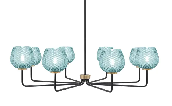 The Sandia 8-Light Chandelier combines contemporary design with artistic flair through its striking turquoise textured glass shades and sophisticated two-tone finish. Perfect for making a bold statement in dining rooms or entryways.