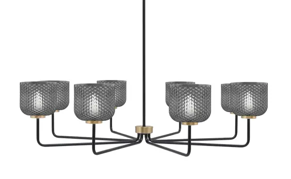 The Sandia 8-Light Chandelier makes a striking statement with its 43.5-inch span and sophisticated matte black and brass finish combination. Eight smoke textured glass shades create beautiful ambient lighting while the adjustable hanging height accommodates various ceiling configurations.